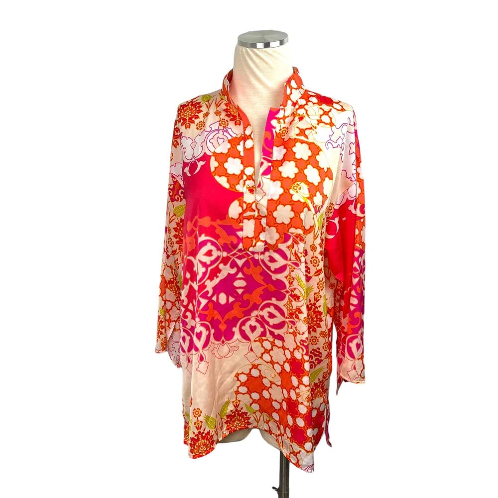 Natori Womens Multicolor Boho Bell Sleeve Blouse Size Medium‎ Pink Orange White